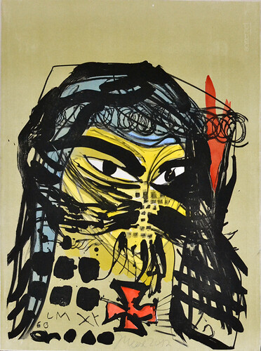 Jonathan Meese: Heilbutten'n der Kunst (FORMZUCKI). Handcolorierte Litho./Holzdruck 
76,7cm mal 55,3cm
2011/ 2012