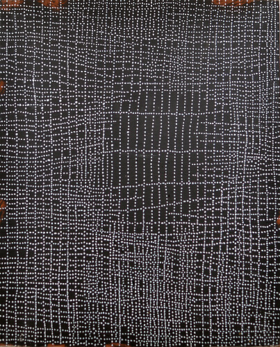 Peter Kampehl: Punktlinien. Liqiutec und Tusche über Holz 
40cm mal 32cm 
2018