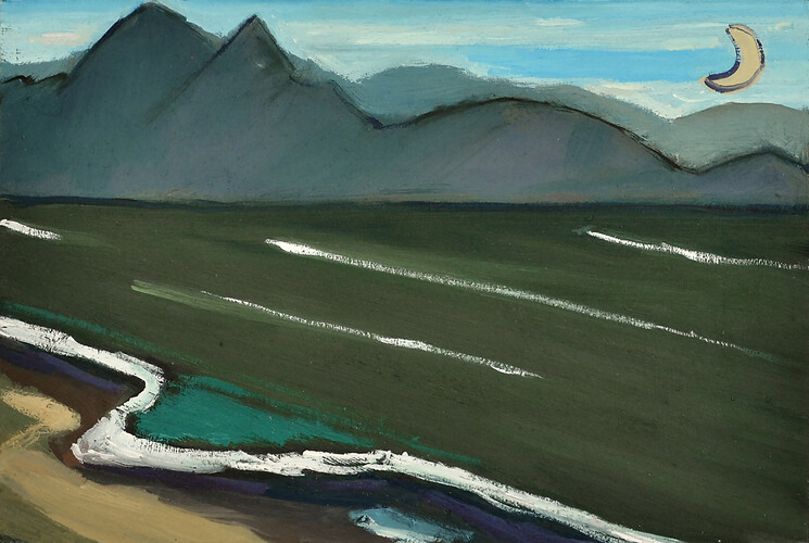 Holger Lehfeld: 1/4 Mond (Küste). Öl/ Holz 
20cm mal 30cm 
2018