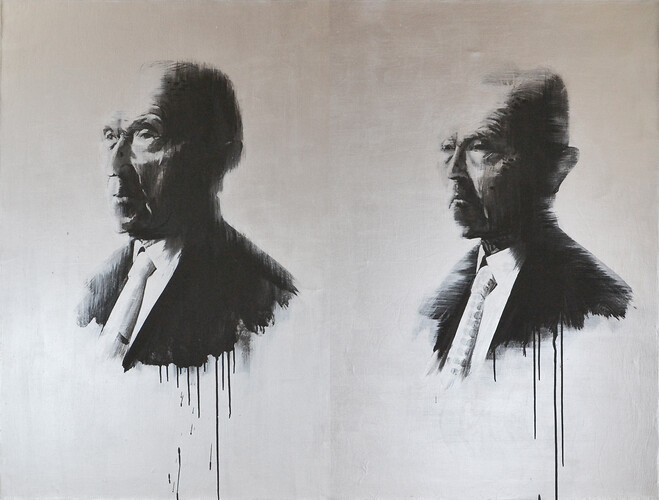Moo Chang Han: Adenauer und Vater. Acryl/ Lw
111,5cm mal 146cm 
2007