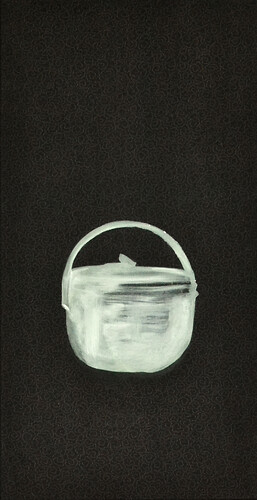 Charlotte von Elm: Henkelmann. Öl/Schürzenstoff 
10cm mal 59cm 
2009