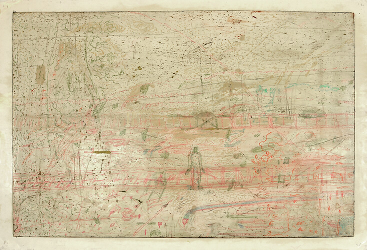 Ron Aloni: o.T.. Öl/ Tusche/Lackstift/ Chromolux 
70cm mal 100cm 
1985