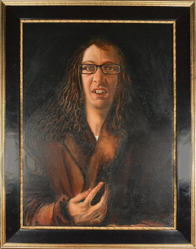 Andre Debus: Selbstportrait im Pelzrock. Öl/Holz, 80cm mal 60cm